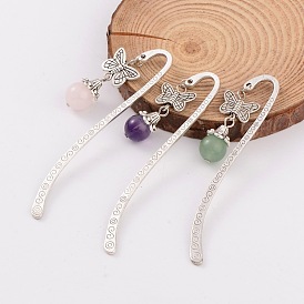 Antique Silver Plated Alloy Butterfly Bookmarks, with Natural Gemstone Beads, 84x17mm