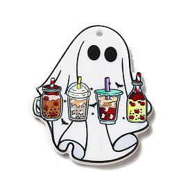 Halloween Printed Acrylic Pendants, Ghost with Drink/Book/Flower Charm