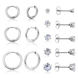 16Pcs 8 Style Clear Cubic Zirconia Stud Earrings & Stainless Steel Huggie Hoop Earrings, 304 Stainless Steel Jewelry for Women