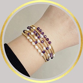 3шт. 3 модели браслетов из натурального аметиста и латунных бусин, эластичные, для женщин, круглые, золотые