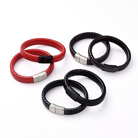 Tressés unisexe bracelets cuir cordon, avec 304 fermoirs magnétiques en acier inoxydable