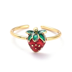 Brass Enamel Strawberry Cuff Rings, Open Rings, Golden