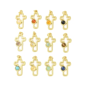 Mixed Gemstone Pendants, 304 Stainless Steel Cross Charms with Jump Rings, Real 18K Gold Plated