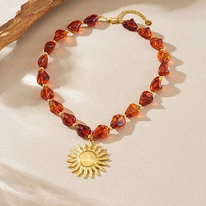 304 Подвеска в виде солнца из нержавеющей стали, бусы из искусственного янтаря с имитацией янтарных самородков, колье для женщин, темно-красный