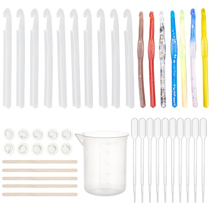 Crochet Hook Silicone Molds, for DIY Knitting Sweaters Scarves Tool Casting Silicone Mould, with Plastic Measuring Cup & Pipettes, Birch Wooden Craft Ice Cream Sticks, Latex Finger Cots