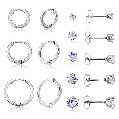 16Pcs 8 Style Clear Cubic Zirconia Stud Earrings & Stainless Steel Huggie Hoop Earrings, 304 Stainless Steel Jewelry for Women