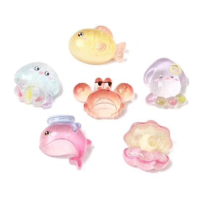 Cabochons de la resina transparente, con polvo del brillo, animales marinos