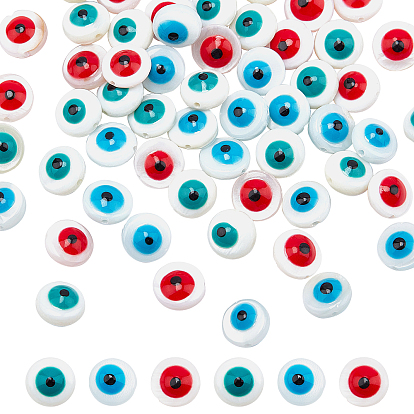 60Pcs 3 Colors Natural Freshwater Shell Beads, with Enamel, Enamelled Sequins, Flat Round with Evil Eye