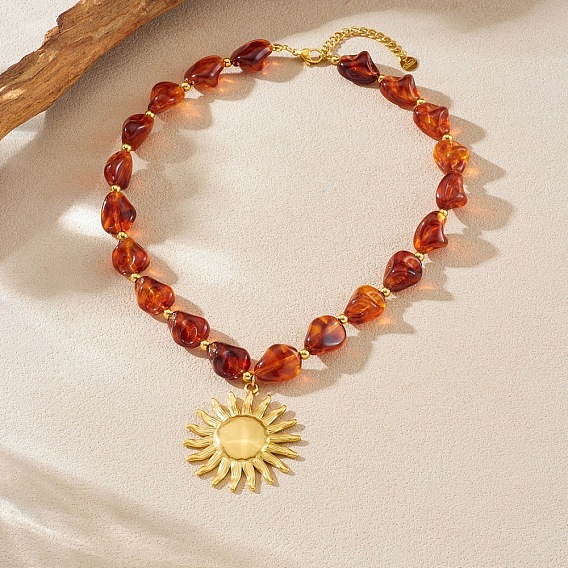 304 Подвеска в виде солнца из нержавеющей стали, бусы из искусственного янтаря с имитацией янтарных самородков, колье для женщин, темно-красный