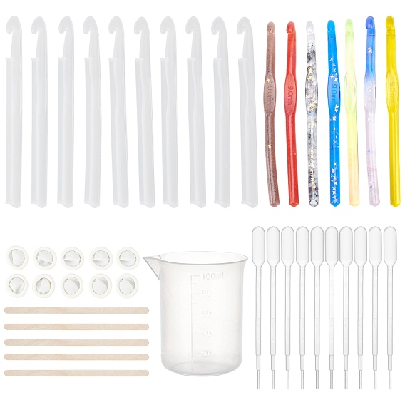Crochet Hook Silicone Molds, for DIY Knitting Sweaters Scarves Tool Casting Silicone Mould, with Plastic Measuring Cup & Pipettes, Birch Wooden Craft Ice Cream Sticks, Latex Finger Cots
