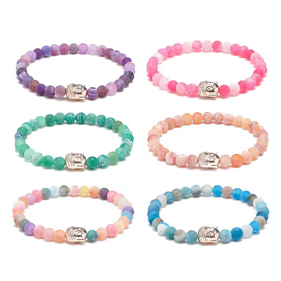 6Pcs 6 Color Natural Weathered Agate(Dyed) Round & Alloy Buddha Head Beaded Stretch Bracelets Set, Gemstone Stackable Bracelets for Women