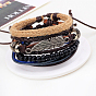 Adjustable Leaf Alloy Braided Leather Cord Wooden Beaded Multi-strand Bracelets, Stackable Bracelets, 4 Strands/set, 60mm