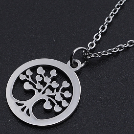 201 Stainless Steel Pendant Necklaces, with Cable Chains and Lobster Claw Clasps, Ring with Tree