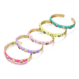 Colorful Cubic Zirconia Flat Cuff Bangle, Golden Brass Enamel Brass Open Bangle, Nickel Free