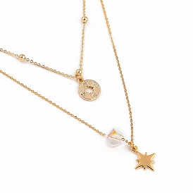 Brass Double Layer Necklaces, with Cable Chains and K9 Glass Rhinestone Beads, Star & Compass