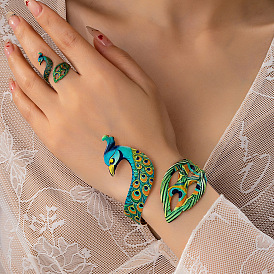 Iron Enamel Peacock Cuff Bangle & Ring Sets for Women, Golden