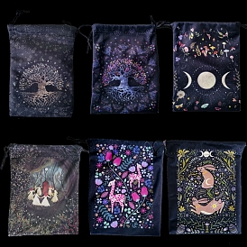 Velvet Tarot Cards Storage Drawstring Bags, Tarot Desk Storage Holder, Black, Rectangle with Tree of Life/Sun/Human/Deer/Rabbit Pattern