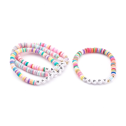 Rainbow Polymer Clay Heishi Beaded Stretch Bracelets for Valentine's Day, Letter Beaded Stackable Bracelets, Smile Face, Word Love