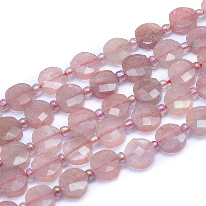 Natural Strawberry Quartz Beads Strands, Faceted, Flat Round