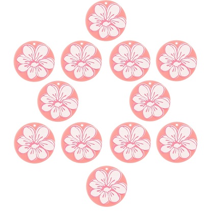 Cellulose Acetate(Resin) Pendants, 3D Printed, Flat Round with Flower, Pale Violet Red