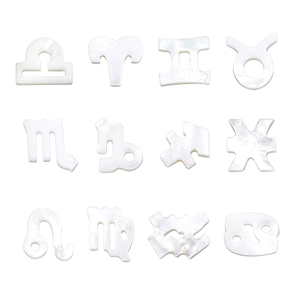 12Pcs 12 Style Natural White Shell Beads, Mother of Pearl Shell Beads, Top Drilled Beads, 12 Constellation/Zodiac Sign