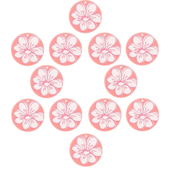 Cellulose Acetate(Resin) Pendants, 3D Printed, Flat Round with Flower, Pale Violet Red