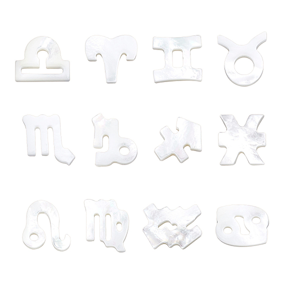 12Pcs 12 Style Natural White Shell Beads, Mother of Pearl Shell Beads, Top Drilled Beads, 12 Constellation/Zodiac Sign