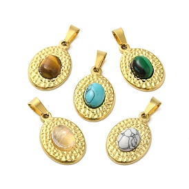 Gemstone Pendants, 304 Stainless Steel Oval Charms, Real 18K Gold Plated