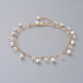 Anklets, with Natural Pearl, Glass Beads, Brass Cable Chains and Lobster Claw Clasps