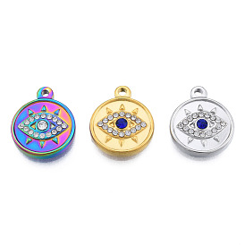 304 Stainless Steel Pendants, with Rhinestone, Flat Round with Eye