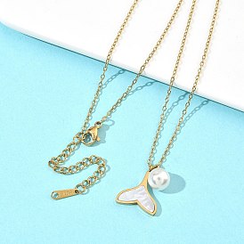 304 Подвеска из нержавеющей стали в виде хвоста кита с натуральным белым панцирем и круглыми бусинами из АБС-пластика., ионное покрытие (ip)