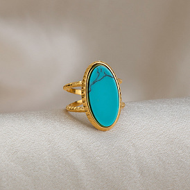 304 Браслет из нержавеющей стали с открытыми кольцами из натуральной бирюзы., овальные