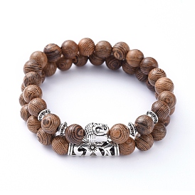 Stretch Bracelets Sets, with Natural Wood Beads and Tibetan Style Alloy Beads, Buddha Head & Tube