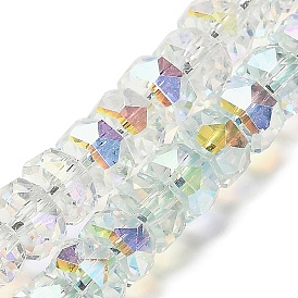 Transparent Electroplate Glass Beads Strands, Half Rainbow Plated, Faceted, Barrel