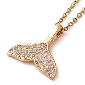 Brass Micro Pave Clear Cubic Zirconia Whale Tail Pendant Necklaces, 304 Stainless Steel Cable Chain Necklaces