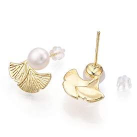 Brass Ginkgo Leaf & Natural Pearl Stud Earrings, with 925 Sterling Silver Pins