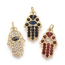 316 Surgical Stainless Steel Charms, with Rhinestone and Jump Rings, Hamsa Hand/Hand of Fatima/Hand of Miriam