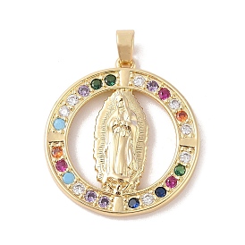 Brass Cubic Zirconia Pendants, Long-Lasting Plated, Flat Round with Holy Virgin Charms, Colorful