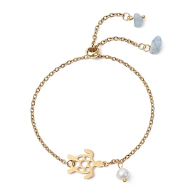 Adjustable 304 Stainless Steel Hollow Turtle Slider Bracelet, with Natural Aquamarine Chips Charms