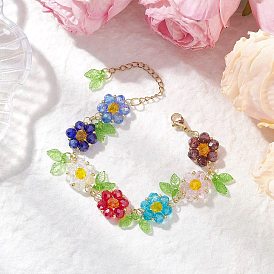 Стеклянные браслеты с цветочными звеньями, с акриловыми подвесками и 304 застежками-карабами из нержавеющей стали.