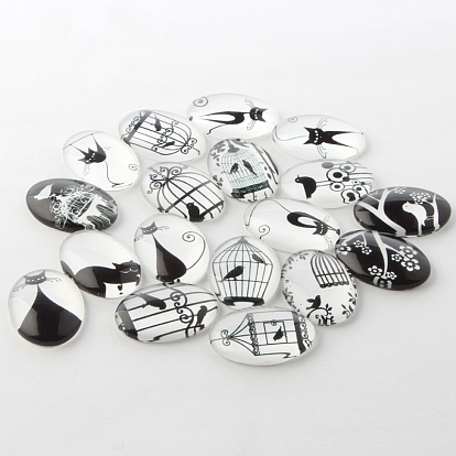 Cabochons dos plat ovales en verre chaton, décorations d'ornements à thème noir et blanc, modèle de chat de dessin animé