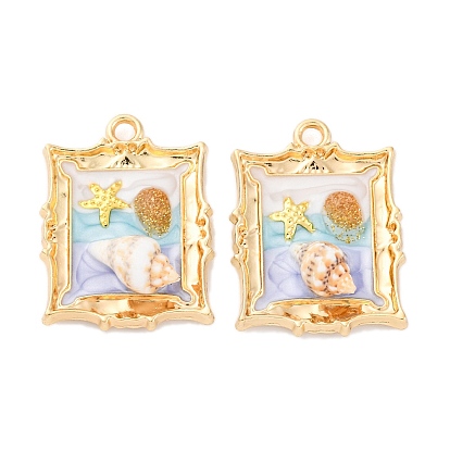 Подвески из эмали и сплава, с блестящей пудрой и ракушкой, без кадмия, без никеля и без свинца, стойки покрытие, прямоугольник с подвеской в виде раковины и морской звезды