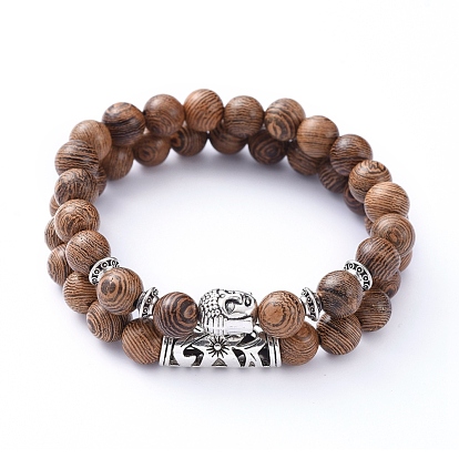 Stretch Bracelets Sets, with Natural Wood Beads and Tibetan Style Alloy Beads, Buddha Head & Tube