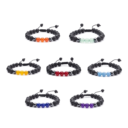 7Pcs 7 Colors Natural Lava Rock & Malaysia Jade(Dyed) & Synthetic Hematite Braided Bead Bracelets Set, Essential Oil Gemstone Jewelry for Women