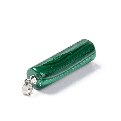 Natural Malachite Pendants, Column Charms, with Silver Plated 925 Sterling Silver  Snap on Bails