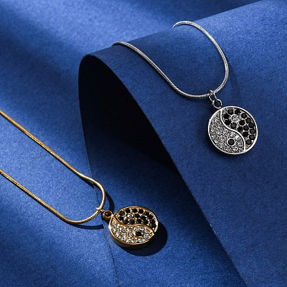 304 ожерелья из круглой змеиной цепи с подвеской в виде инь-янь из нержавеющей стали и гагатовых страз для женщин, вакуумное покрытие pvd