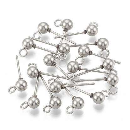 201 Stainless Steel Stud Earring Findings, with Loop and 304 Stainless Steel Pins, Round