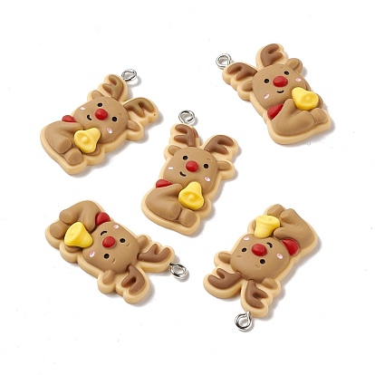 Christmas Theme Opaque Resin Pendants, with Platinum Tone Iron Findings, Reindeer/Stag