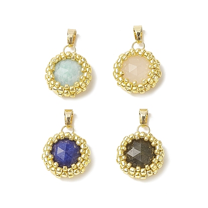 Natural Mixed Gemstone Faceted Flat Round Charms, with Seed Beads Wrapped and Brass Snap on Bails