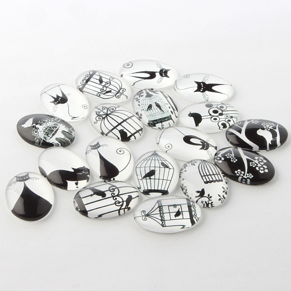 Kitten Glass Oval Flat Back Cabochons, Black and White Theme Ornaments Decorations, Cartoon Cat Pattern